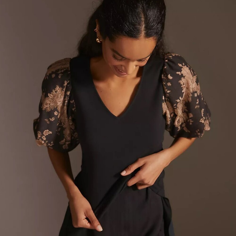 Anthropologie Dolan Lace Puff Sleeve Top Women's Size XS Black Noir Whimsygoth